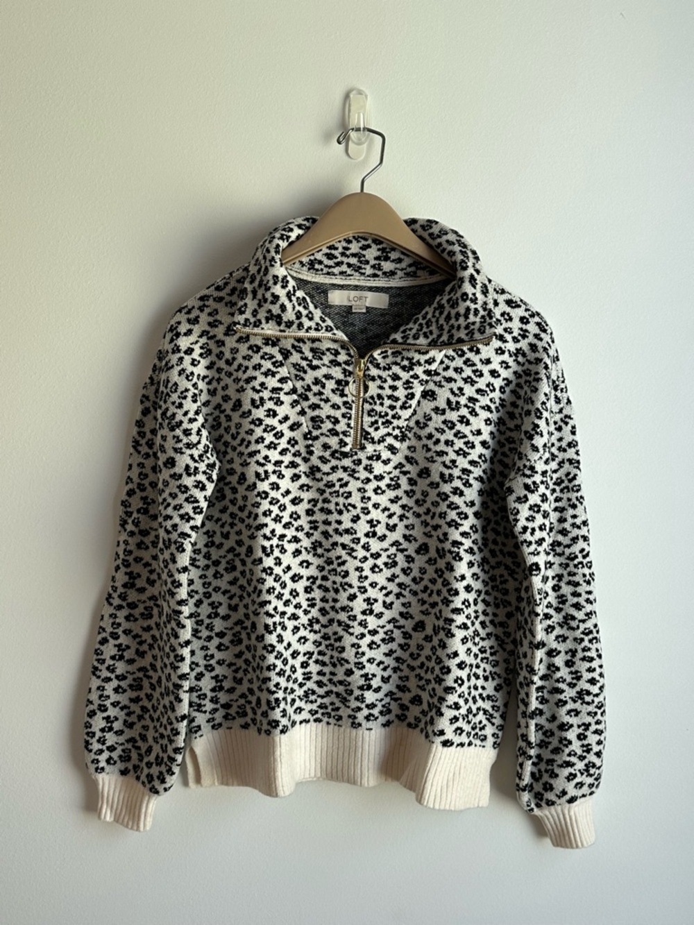 LOFT Black & Cream Leopard-Print Half-Zip Sweater